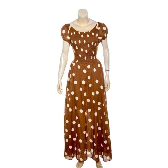 Free People Ultraviolet Dress Oak M 8 Women's Smocked Polka Dot Maxi NEW 44592 - Picture 3 of 6